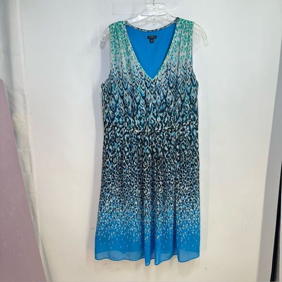 Ann Taylor Size 14 Sleeveless V-Neck Blue and Black Print Empire Waist Dress - Picture 1 of 8